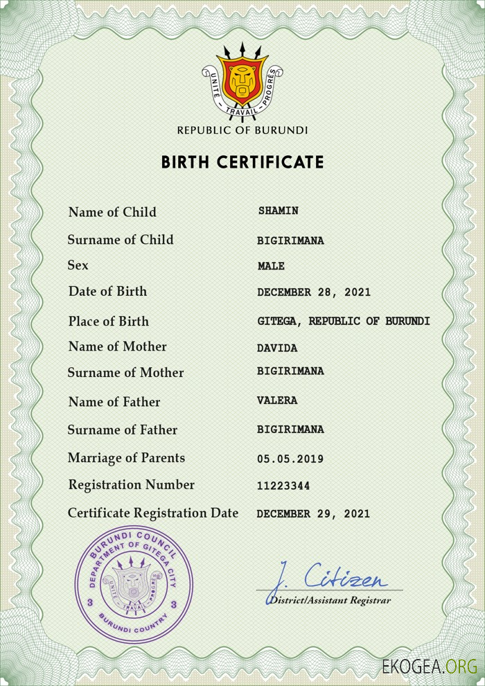 Modèle PSD de certificat de naissance de l'état civil du Burundi